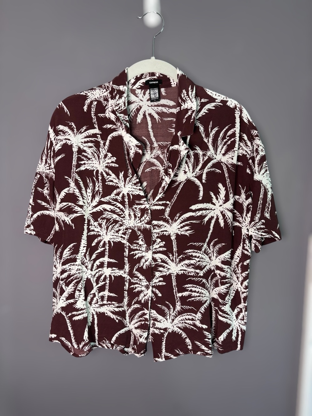 Express Brown White Tropical Print Short Sleeve Button Front Top Small